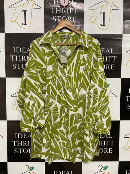 KATIES |XL| BUST 25| A30| OLIVE GREEN & WHITE BOTANICAL LEAF PRINT COLLARED TUNIC SHIRT