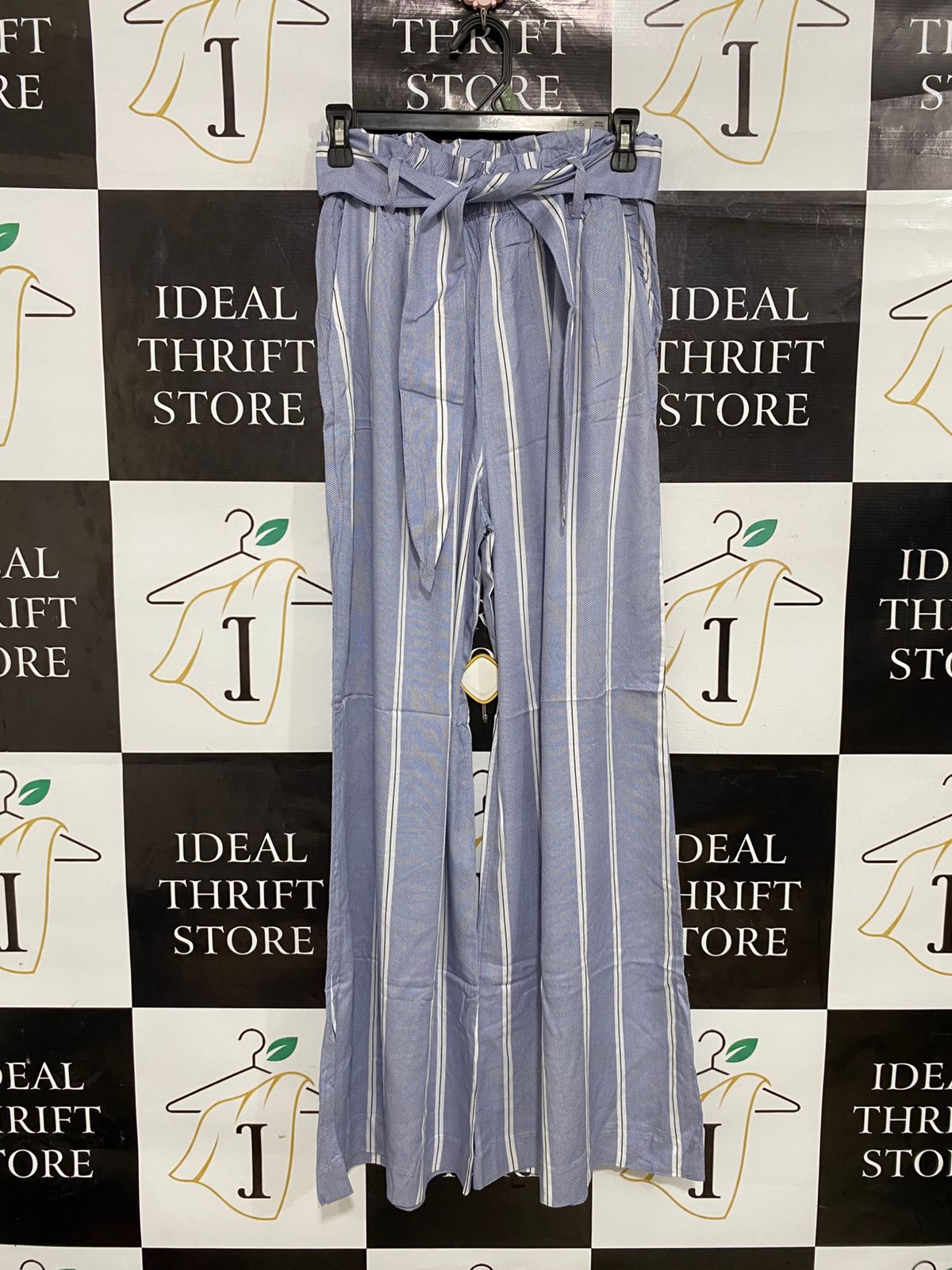 H&M |S| WIAST 26| A30| BLUE & WHITE STRIPED PAPERBAG WAIST WIDE-LEG PANTS
