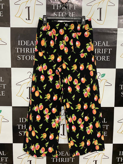 ANTHROPOLOGIE |M| WAIST 28| A30| BLACK & ORANGE PEACH FRUIT PRINT WIDE-LEG CROP PANTS