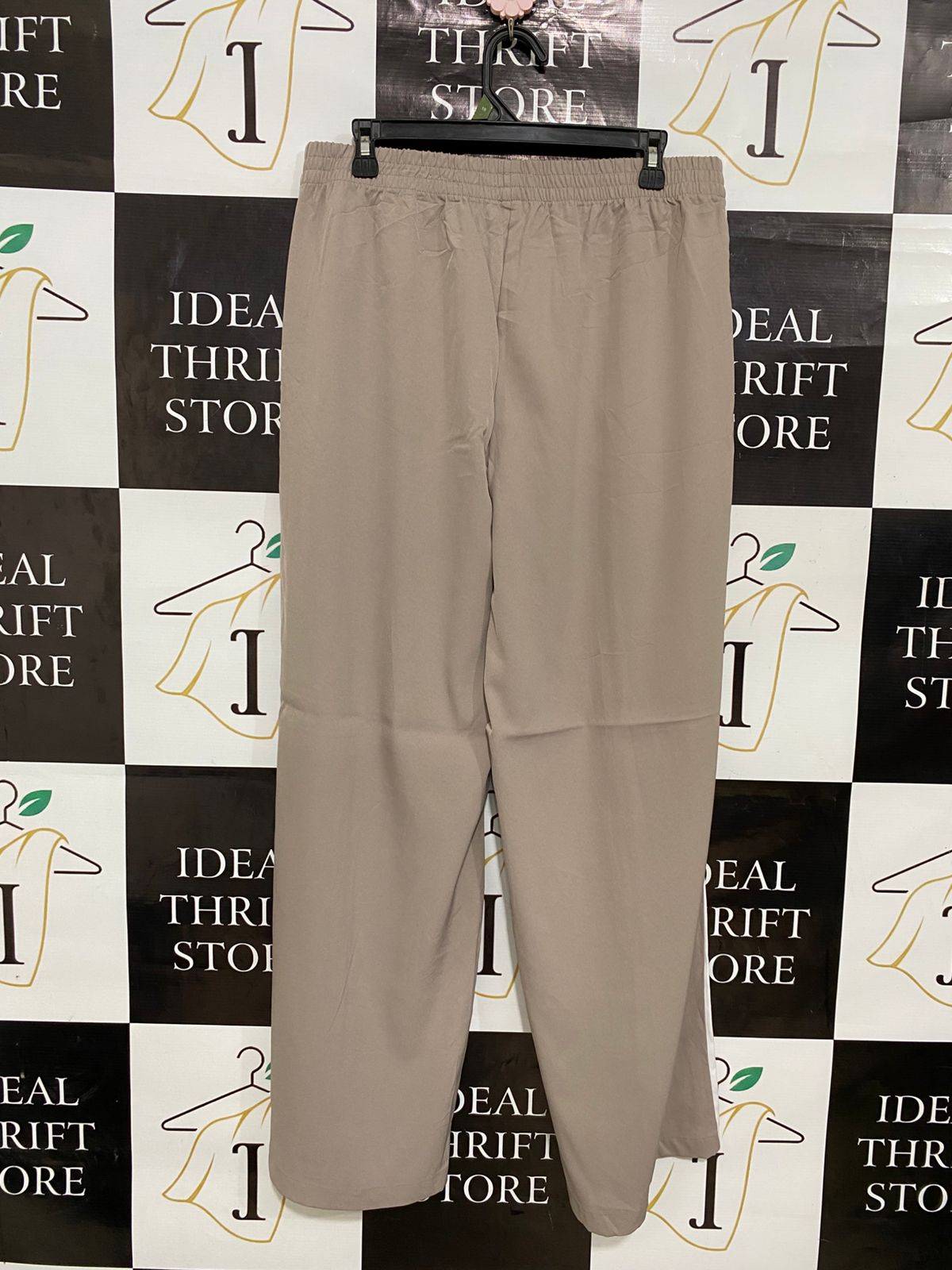 ANKO |L| WAIST 32| A30| TAUPE & WHITE SIDE-STRIPE ELASTIC-WAIST WIDE-LEG TROUSERS