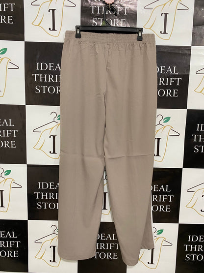 ANKO |L| WAIST 32| A30| TAUPE & WHITE SIDE-STRIPE ELASTIC-WAIST WIDE-LEG TROUSERS