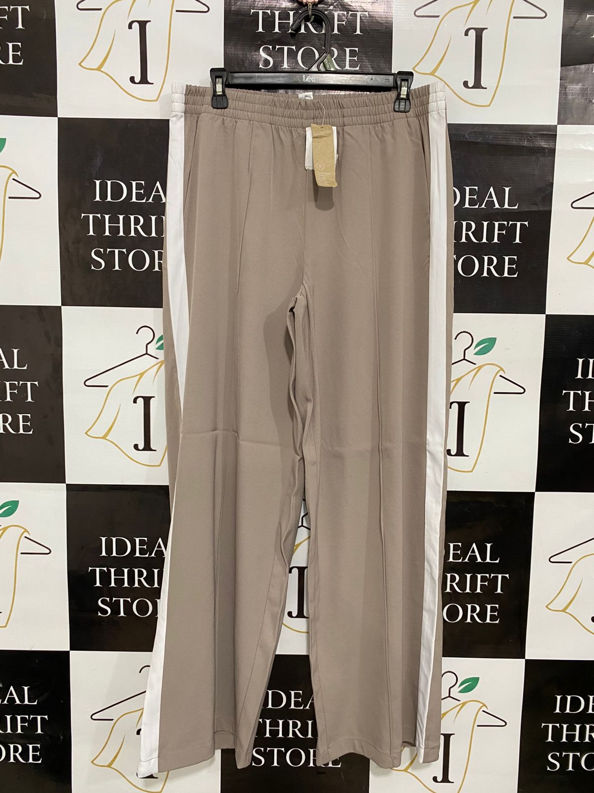ANKO |L| WAIST 32| A30| TAUPE & WHITE SIDE-STRIPE ELASTIC-WAIST WIDE-LEG TROUSERS