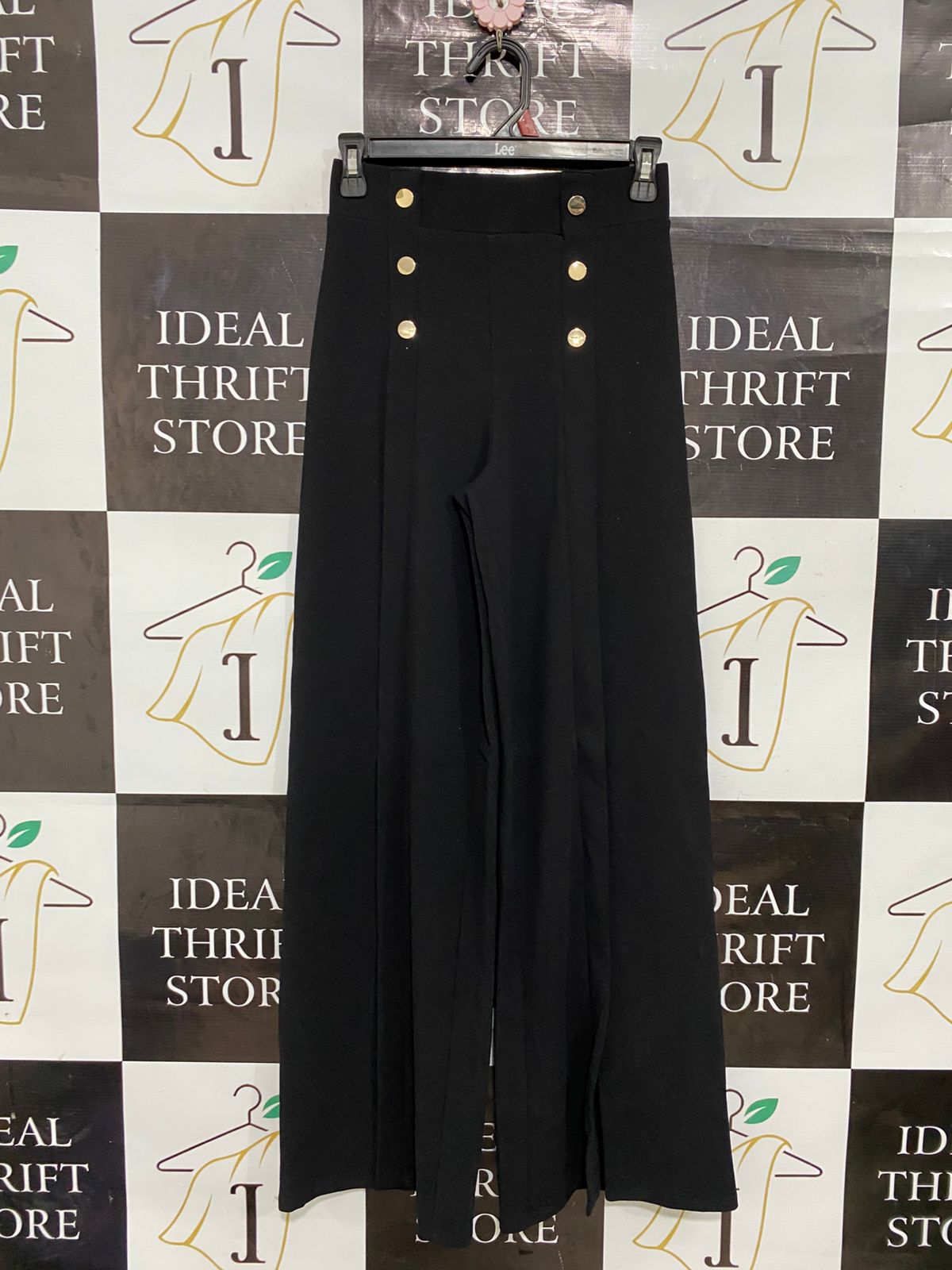 H&M |XS| WAIST 24| A30| BLACK HIGH-WAISTED GOLD-BUTTON WIDE-LEG TROUSERS