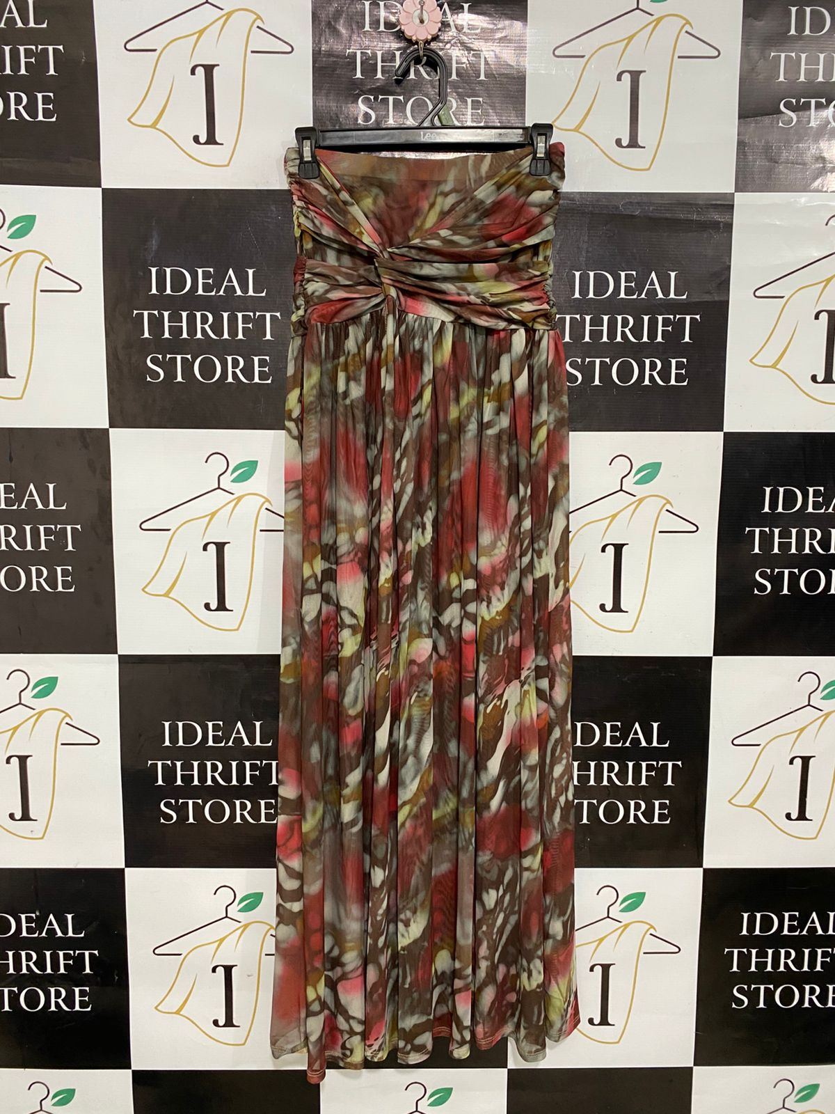 |S| WAIST 26| A30| ABSTRACT MULTICOLOR STRAPLESS GATHERED BUST MAXI DRESS