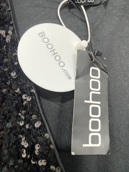 BOOHOO |S| BUST 19| A30| BLACK SEQUIN LONG-SLEEVE WRAP MIDI DRESS