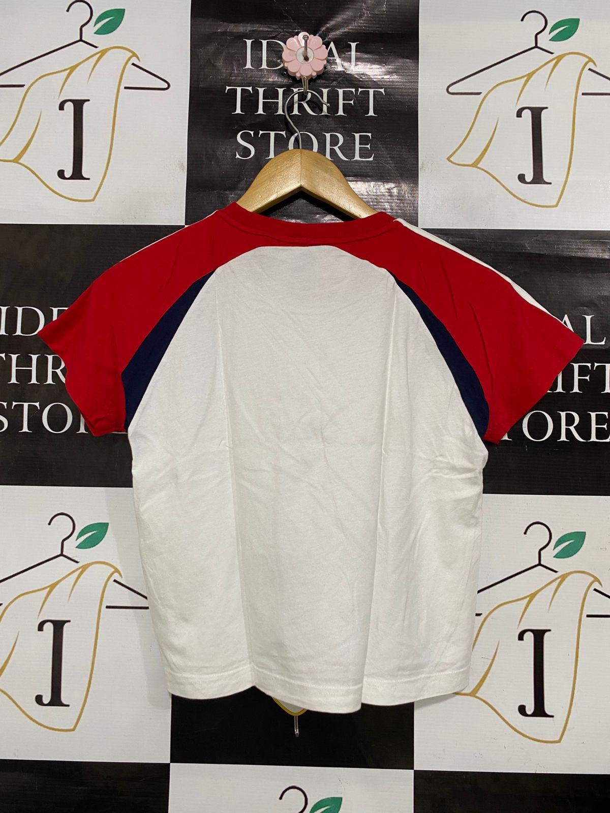 ADIDAS |M| BUST 17| A30| WHITE, RED & BLUE RAGLAN THREE-STRIPES TEE