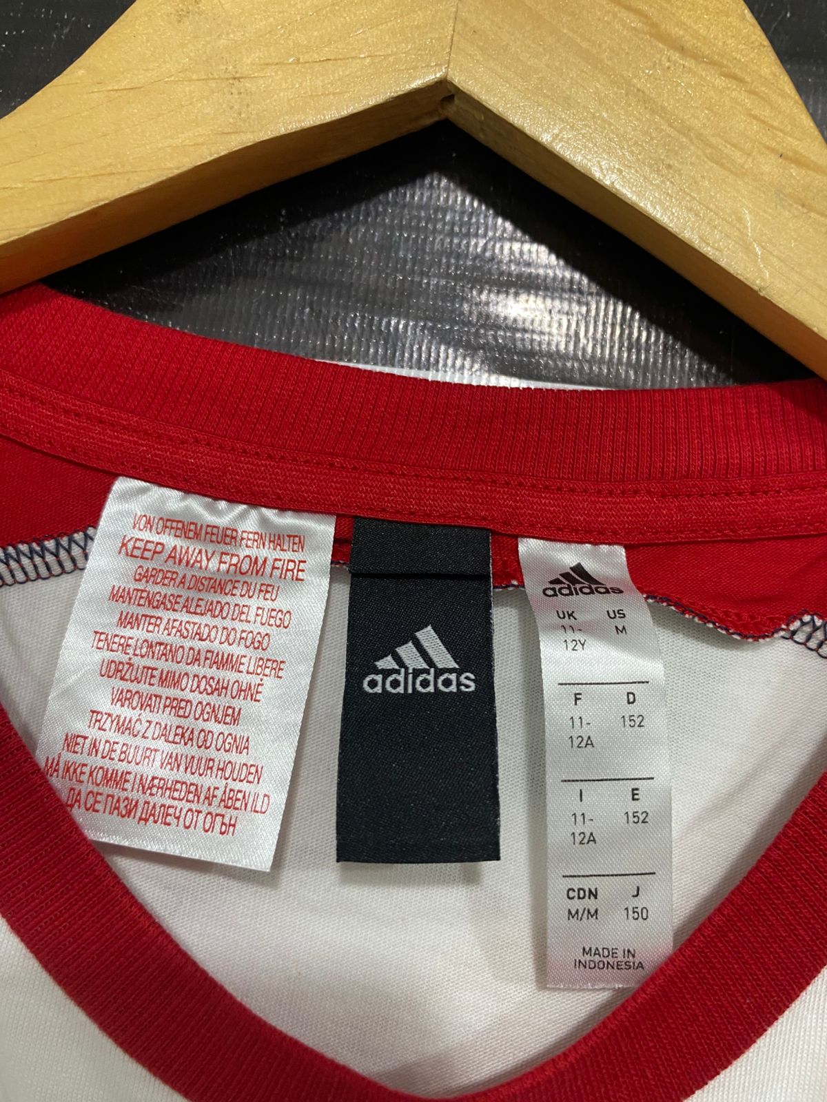 ADIDAS |M| BUST 17| A30| WHITE, RED & BLUE RAGLAN THREE-STRIPES TEE