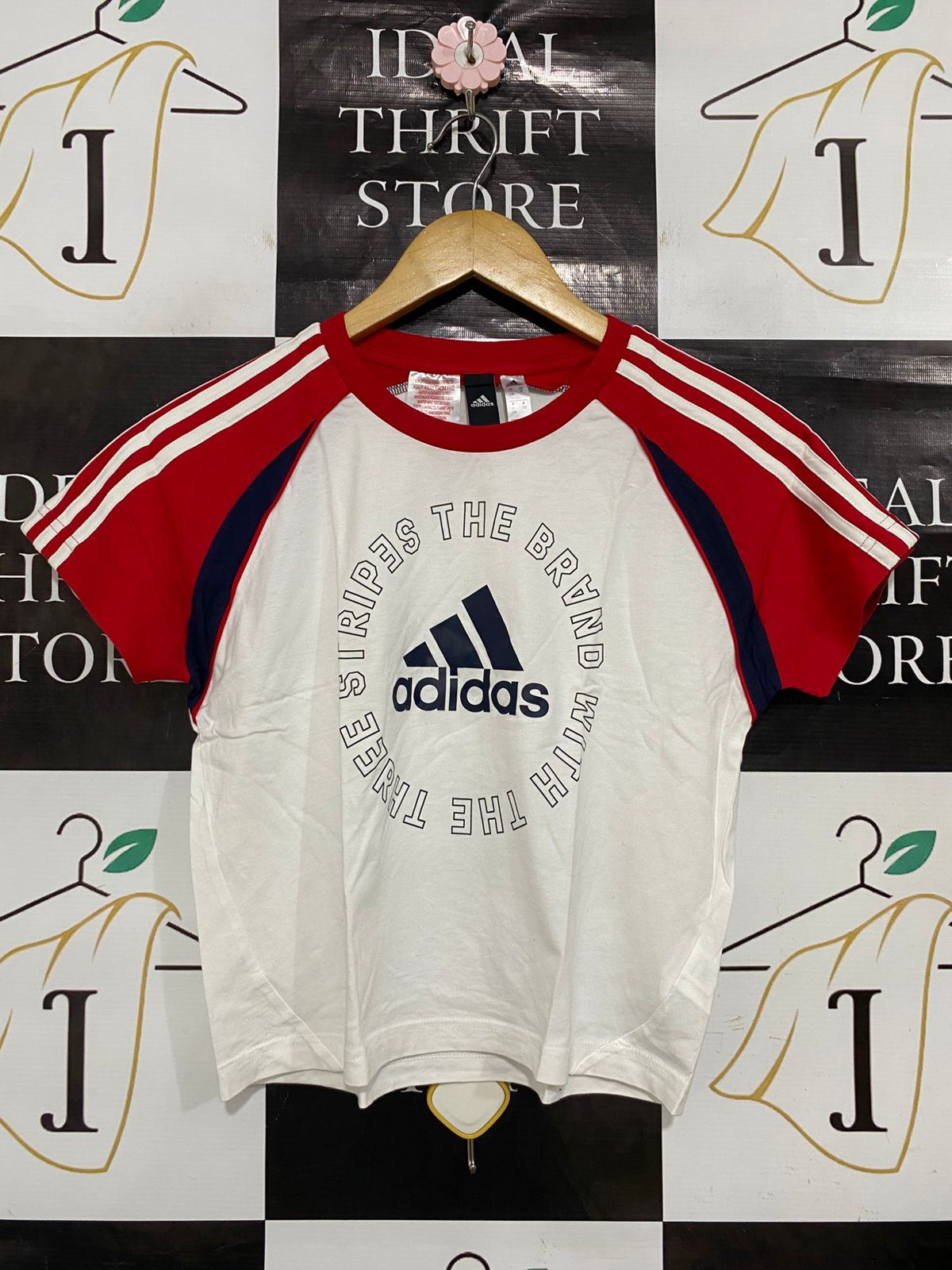 ADIDAS |M| BUST 17| A30| WHITE, RED & BLUE RAGLAN THREE-STRIPES TEE