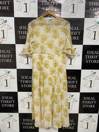 SHIKA |M| BUST 17| A30| MUSTARD & WHITE FLORAL WRAP MIDI DRESS WITH RUFFLED SLEEVES