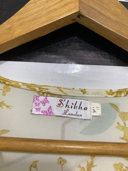 SHIKA |M| BUST 17| A30| MUSTARD & WHITE FLORAL WRAP MIDI DRESS WITH RUFFLED SLEEVES