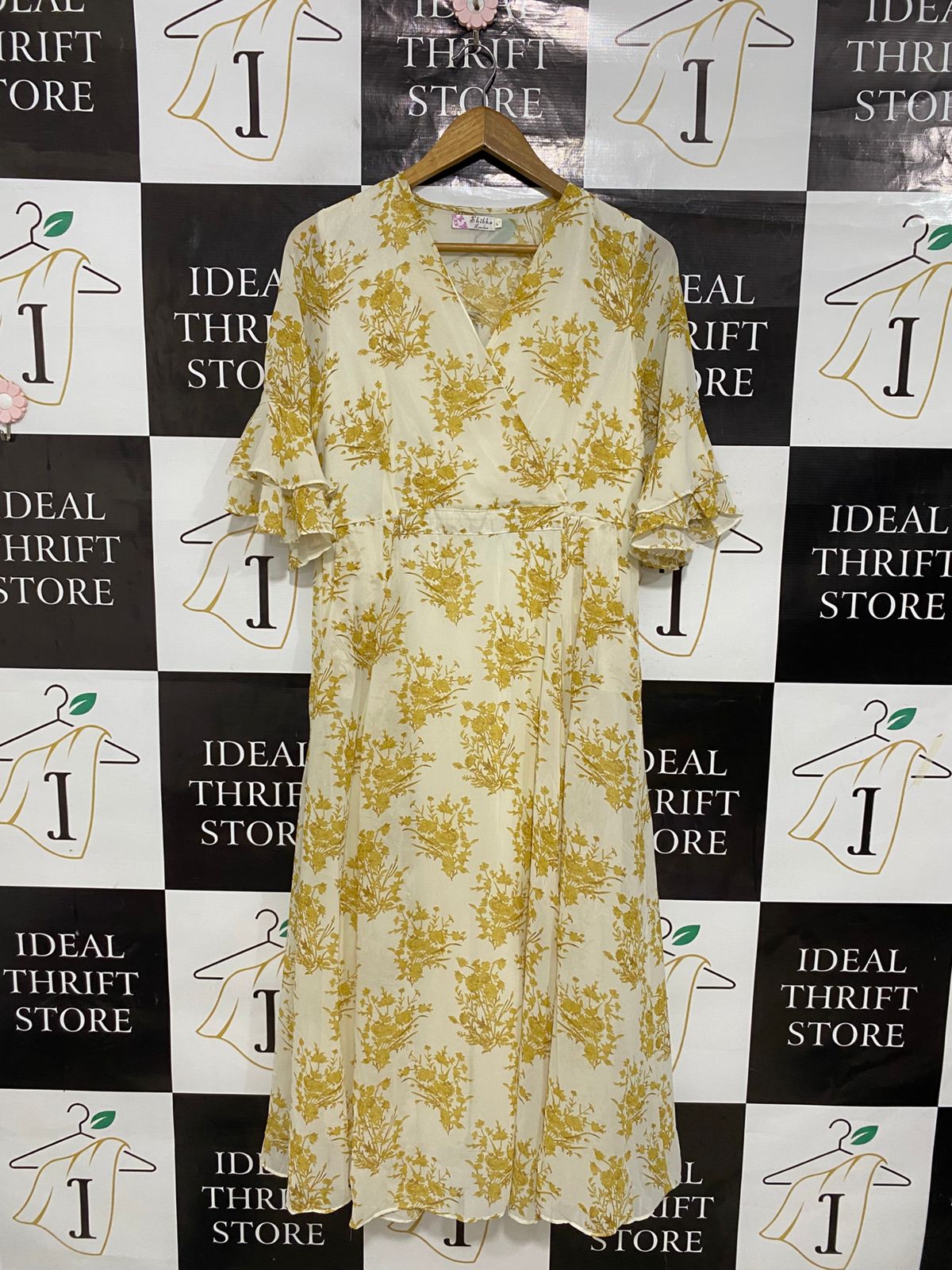 SHIKA |M| BUST 17| A30| MUSTARD & WHITE FLORAL WRAP MIDI DRESS WITH RUFFLED SLEEVES