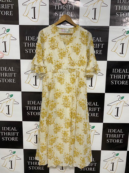 SHIKA |M| BUST 17| A30| MUSTARD & WHITE FLORAL WRAP MIDI DRESS WITH RUFFLED SLEEVES