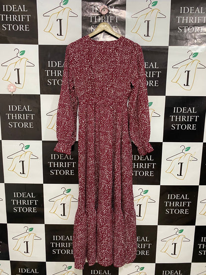 SHEIN |M| BUST 17| A30| BURGUNDY & WHITE SPOTTY ANIMAL PRINT LONG-SLEEVE MIDI DRESS