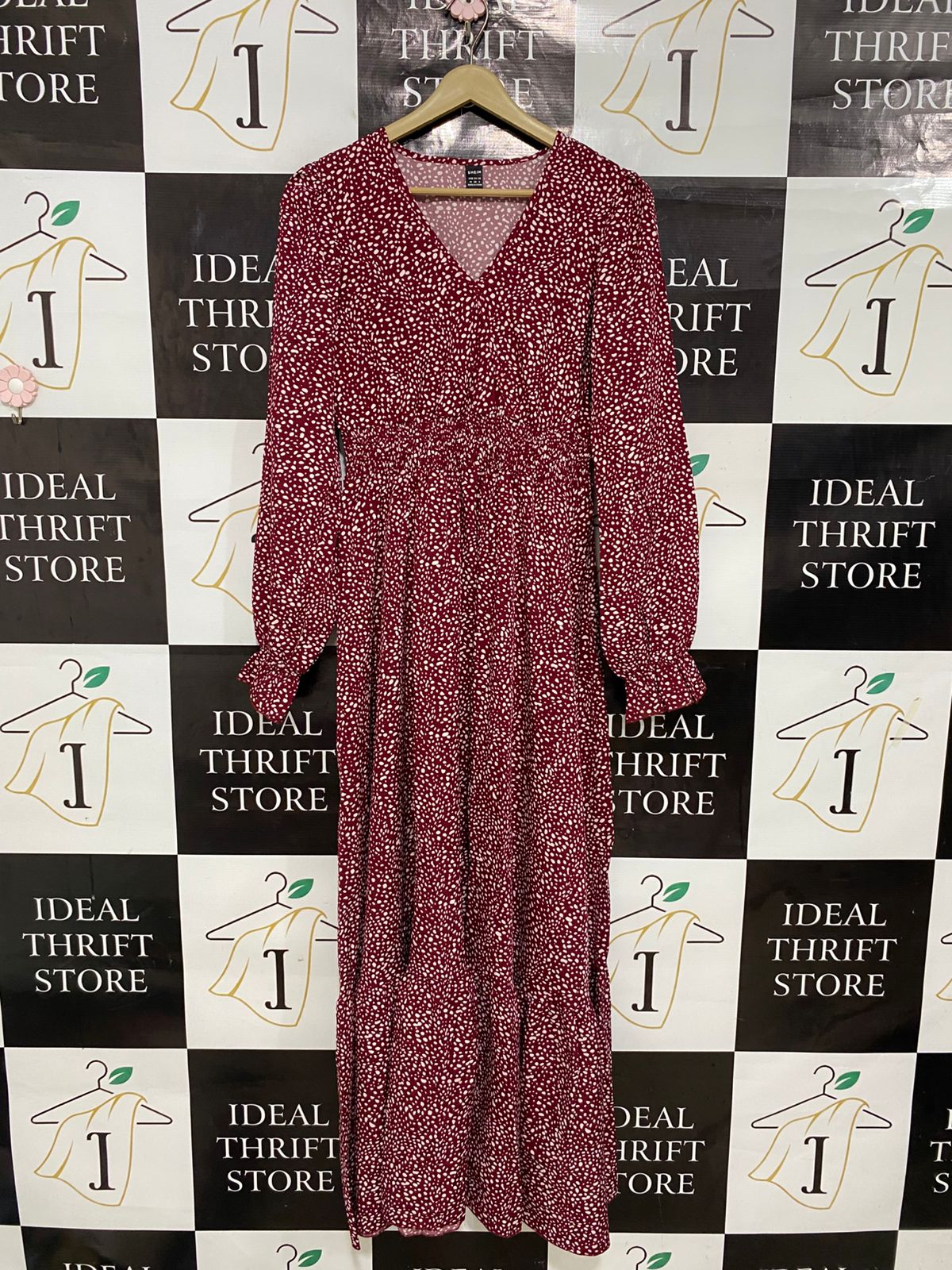 SHEIN |M| BUST 17| A30| BURGUNDY & WHITE SPOTTY ANIMAL PRINT LONG-SLEEVE MIDI DRESS