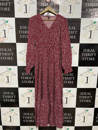 SHEIN |M| BUST 17| A30| BURGUNDY & WHITE SPOTTY ANIMAL PRINT LONG-SLEEVE MIDI DRESS