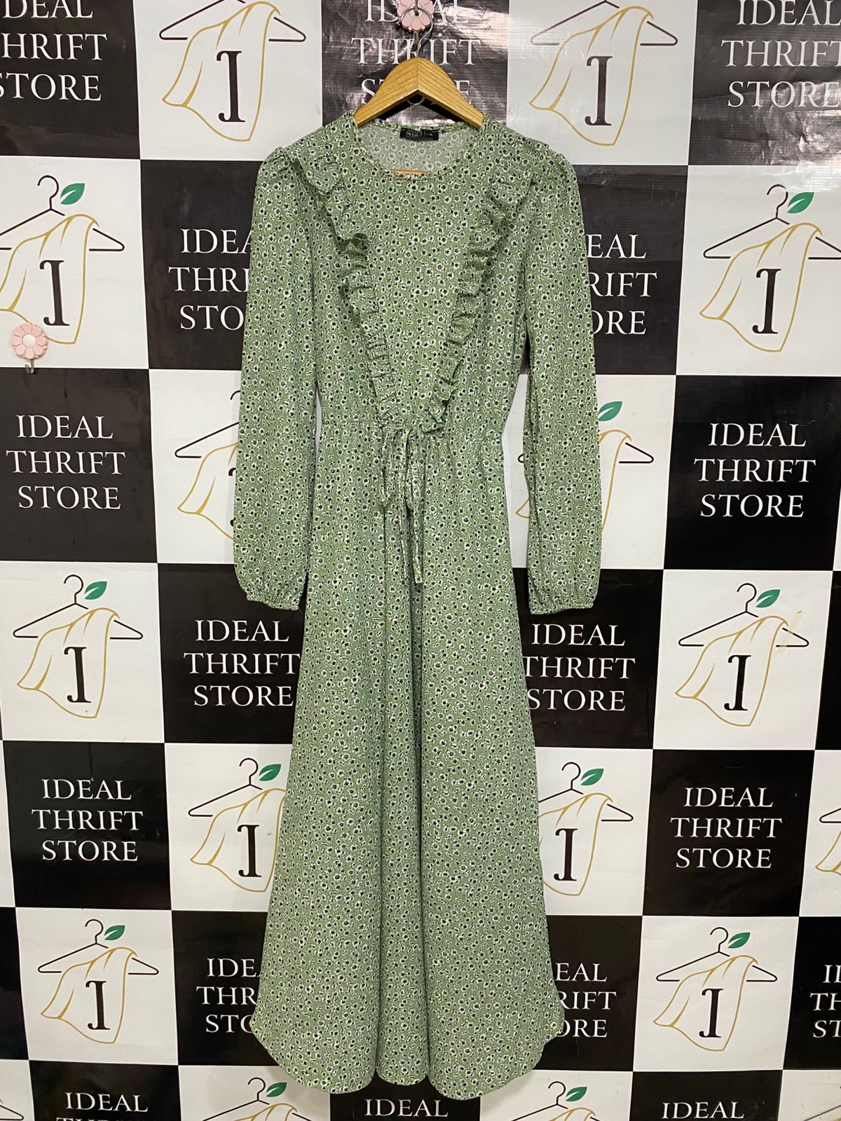 INSIRAH |L| BUST 17| A30| SAGE GREEN FLORAL RUFFLE-TRIM LONG-SLEEVE MIDI DRESS