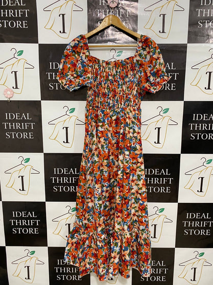 |XL| BUST 16| A30| VIBRANT ORANGE & BLUE FLORAL SMOCKED SQUARE-NECK MIDI DRESS