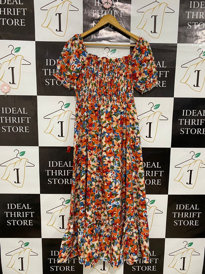 |XL| BUST 16| A30| VIBRANT ORANGE & BLUE FLORAL SMOCKED SQUARE-NECK MIDI DRESS
