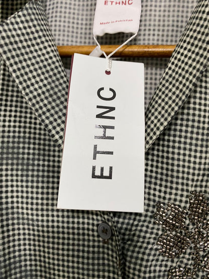 ETHNC |S| BUST 19| A30| BLACK & WHITE GINGHAM BEADED EMBROIDERED BUTTON-DOWN SHIRT