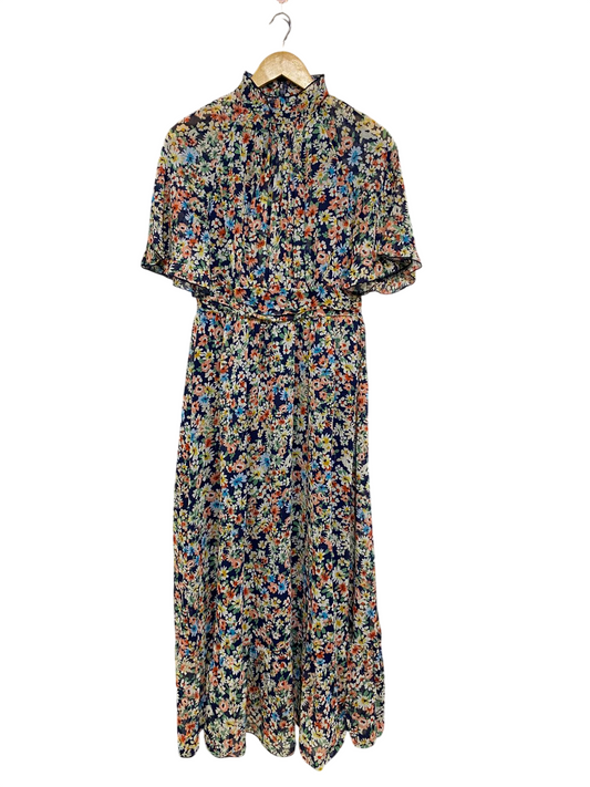 SHEIN |M| BUST 16| A31| NAVY MULTICOLOR FLORAL HIGH-NECK CAPE-SLEEVE MIDI DRESS