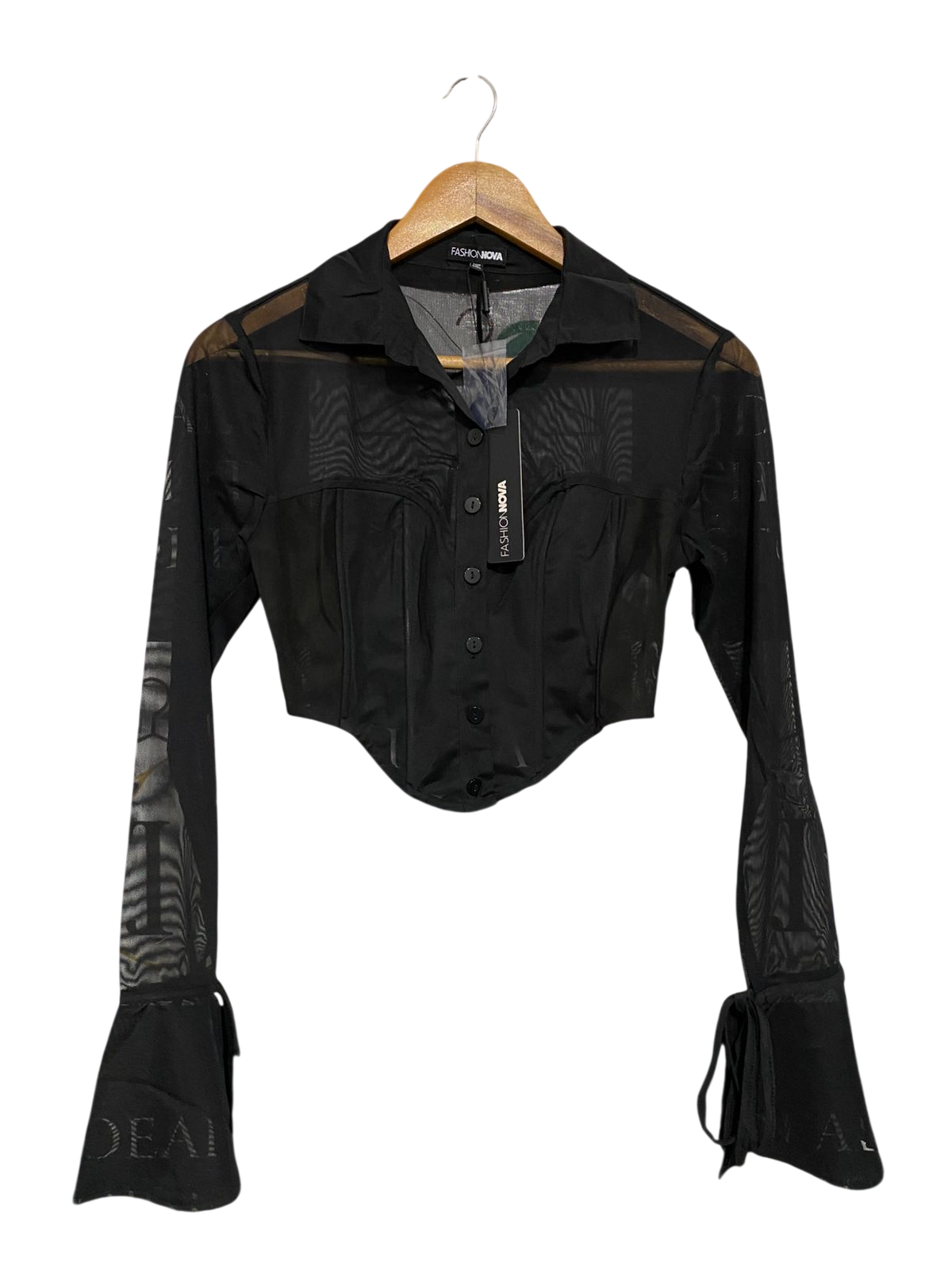 FASHION NOVA |S| BUST 14| A31| BLACK MESH BUTTON-UP CORSET-STYLE LONG-SLEEVE CROP TOP