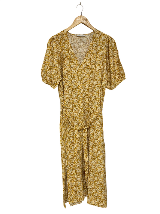 PRIMARK CARES |L| BUST 21| A31| MUSTARD YELLOW FLORAL V-NECK SHORT-SLEEVE MIDI DRESS