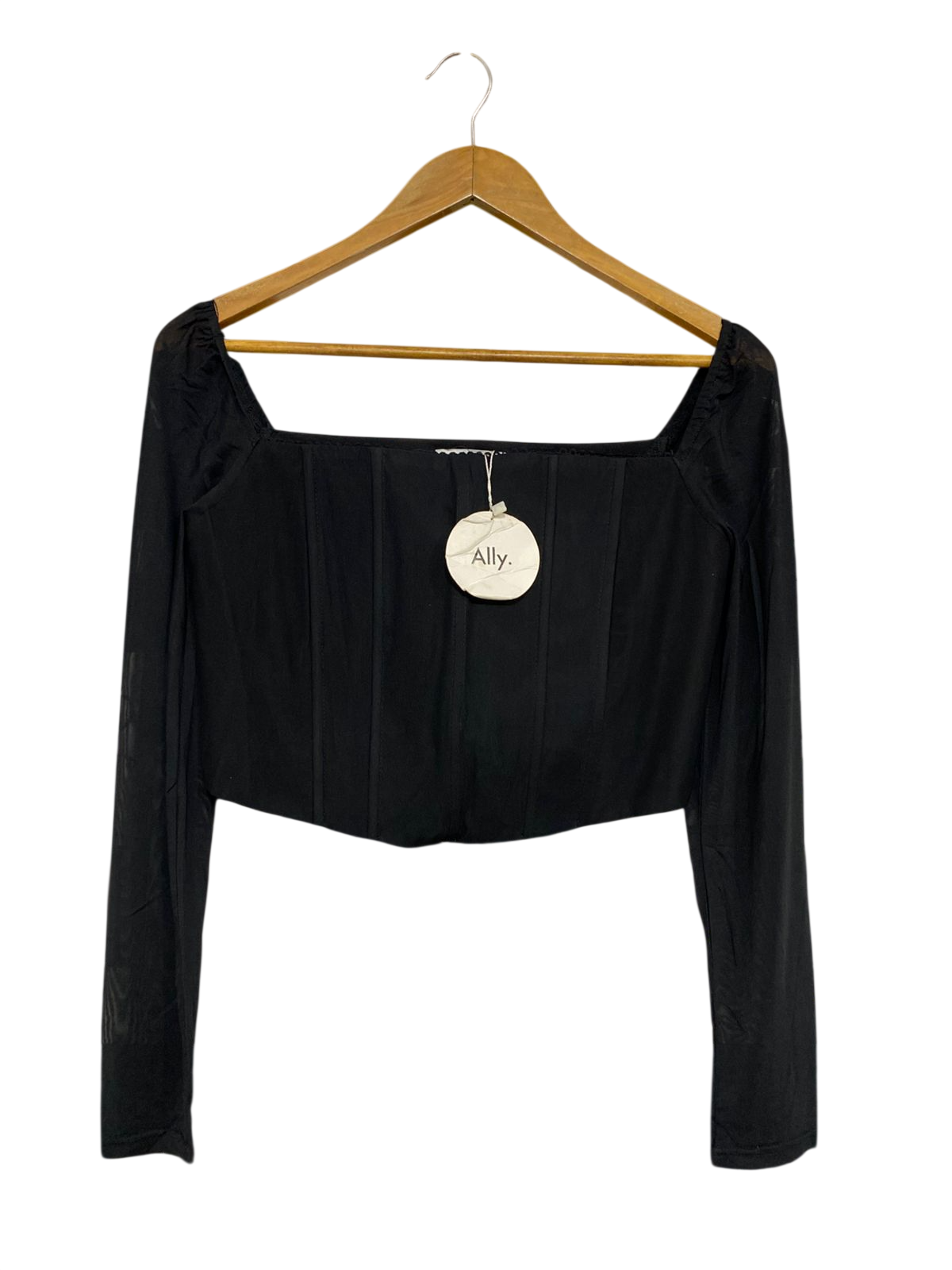 ALLY |S| BUST 15| A31| BLACK SQUARE NECK CORSET-STYLE MESH LONG-SLEEVE CROP TOP