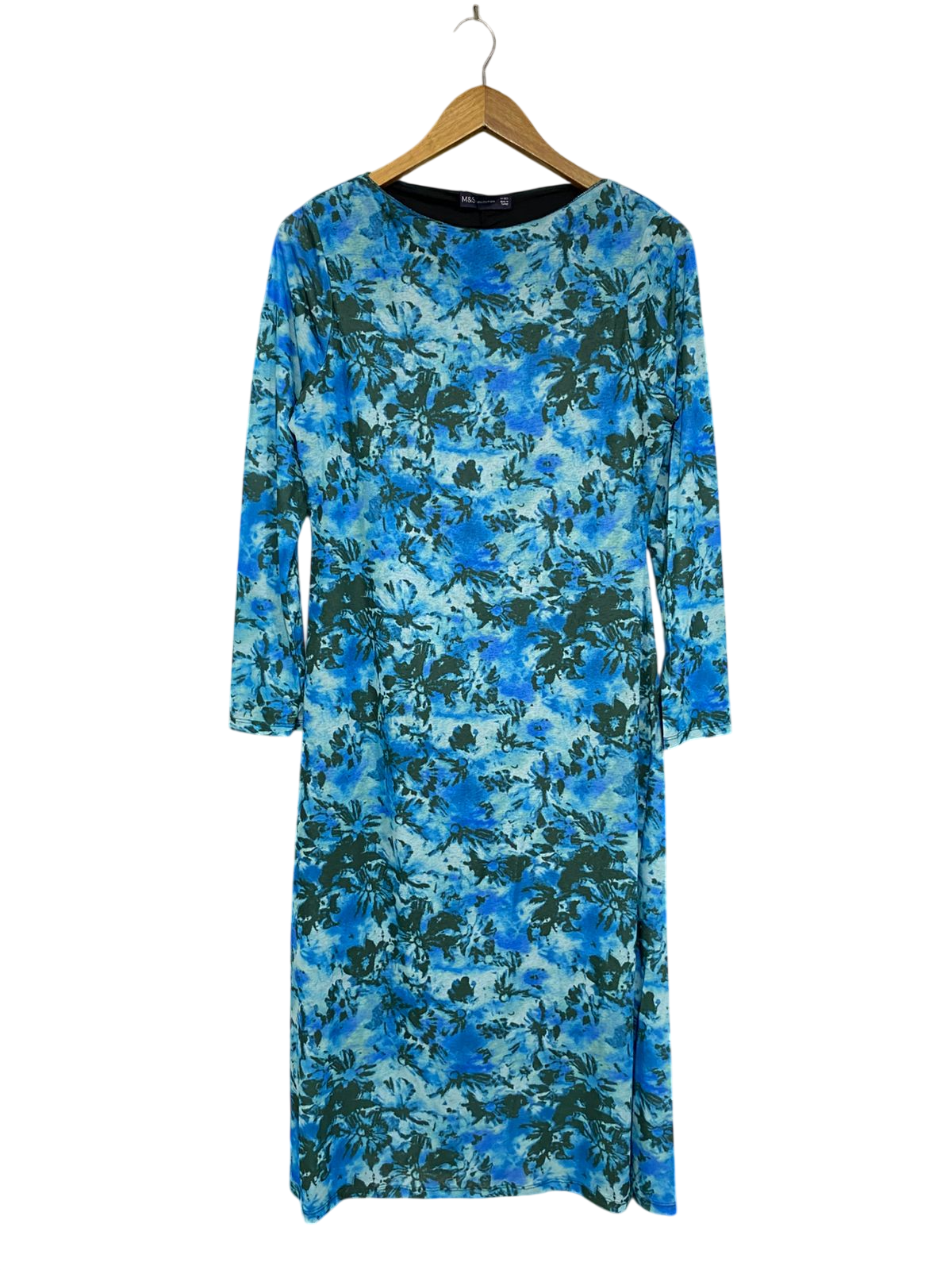 M&S |M| BUST 18| A31| BLUE & GREEN FLORAL LONG-SLEEVE MIDI DRESS