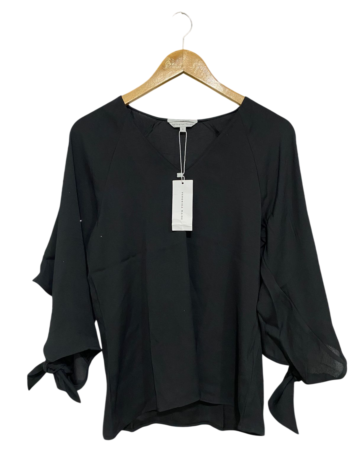 VERONIKA MAINE |S| BUST 17| A31| MAINE BLACK V-NECK TIE-SLEEVE BLOUSE