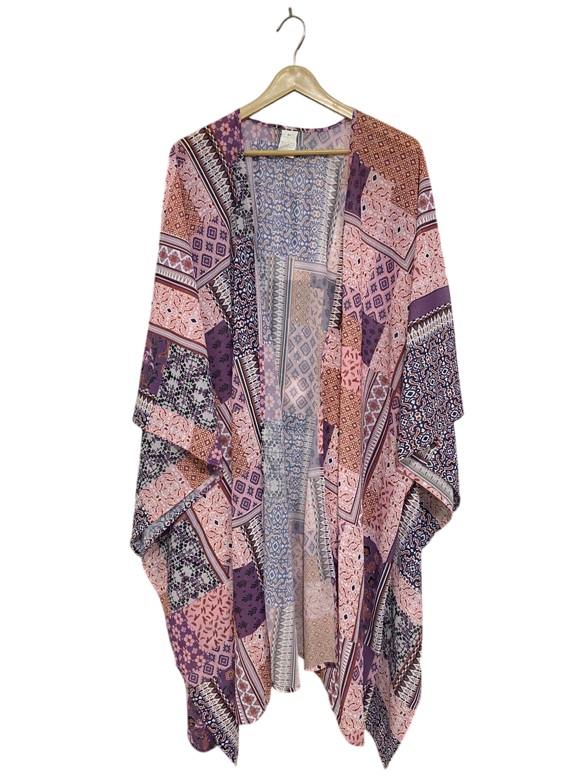 |XL| BUST FREE| A31| MAUVE & PURPLE PATCHWORK PRINT OPEN-FRONT KIMONO CARDIGAN