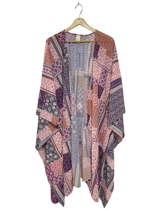 |XL| BUST FREE| A31| MAUVE & PURPLE PATCHWORK PRINT OPEN-FRONT KIMONO CARDIGAN