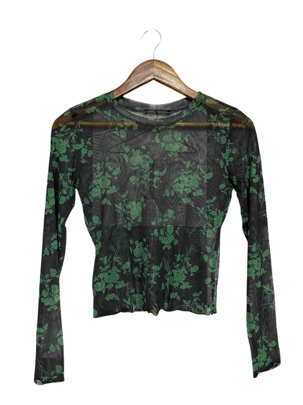 VERTICHE |S| BUST 15| A31| BLACK & GREEN FLORAL MESH LONG-SLEEVE TOP