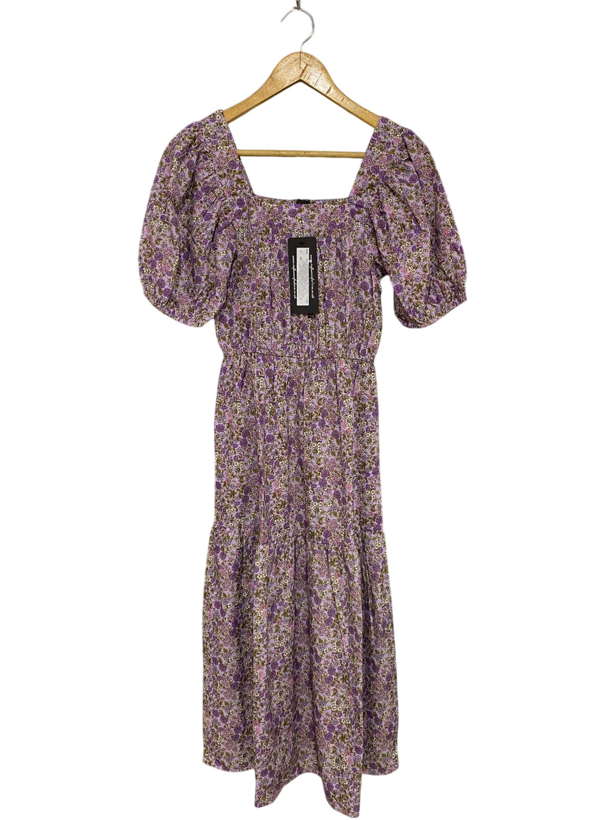 INFLUENCE |S| BUST 15| A31| PURPLE FLORAL SQUARE NECK PUFF SLEEVE TIERED MIDI DRESS