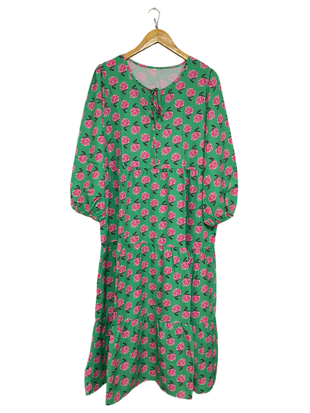 |L| BUST 21| A31| GREEN & PINK ROSE PRINT TIERED MIDI DRESS