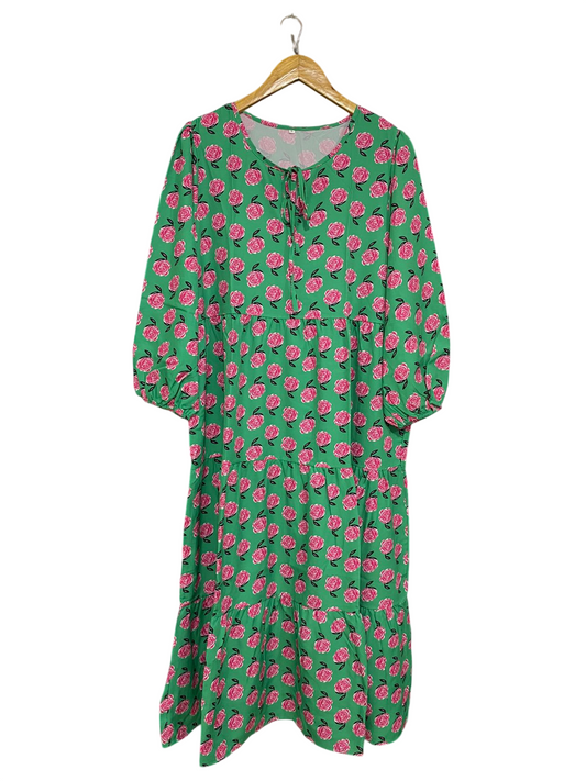 |L| BUST 21| A31| GREEN & PINK ROSE PRINT TIERED MIDI DRESS