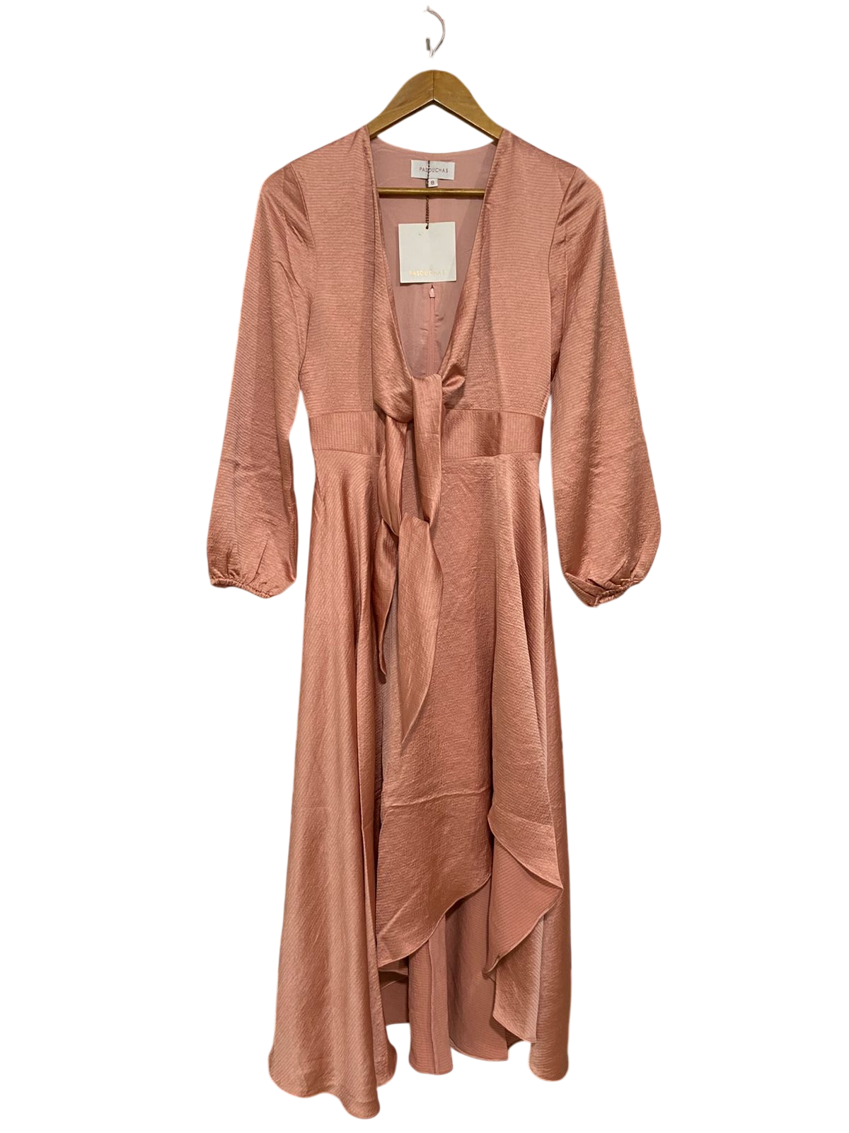 PASDUCHAS |S| BUST 16| A31| ROSE GOLD SATIN TIE-FRONT HIGH-LOW MIDI DRESS