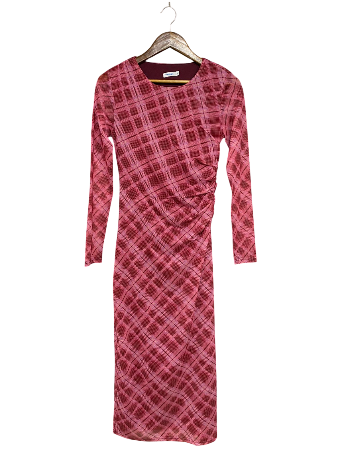 VALLEY GIRL |S| BUST 14| A31| PINK PLAID MESH LONG-SLEEVE MIDI DRESS