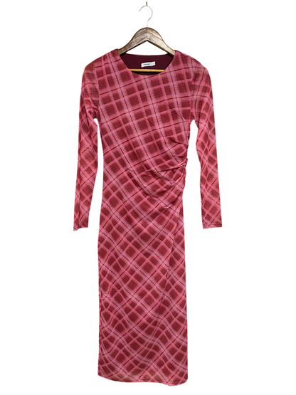VALLEY GIRL |S| BUST 14| A31| PINK PLAID MESH LONG-SLEEVE MIDI DRESS