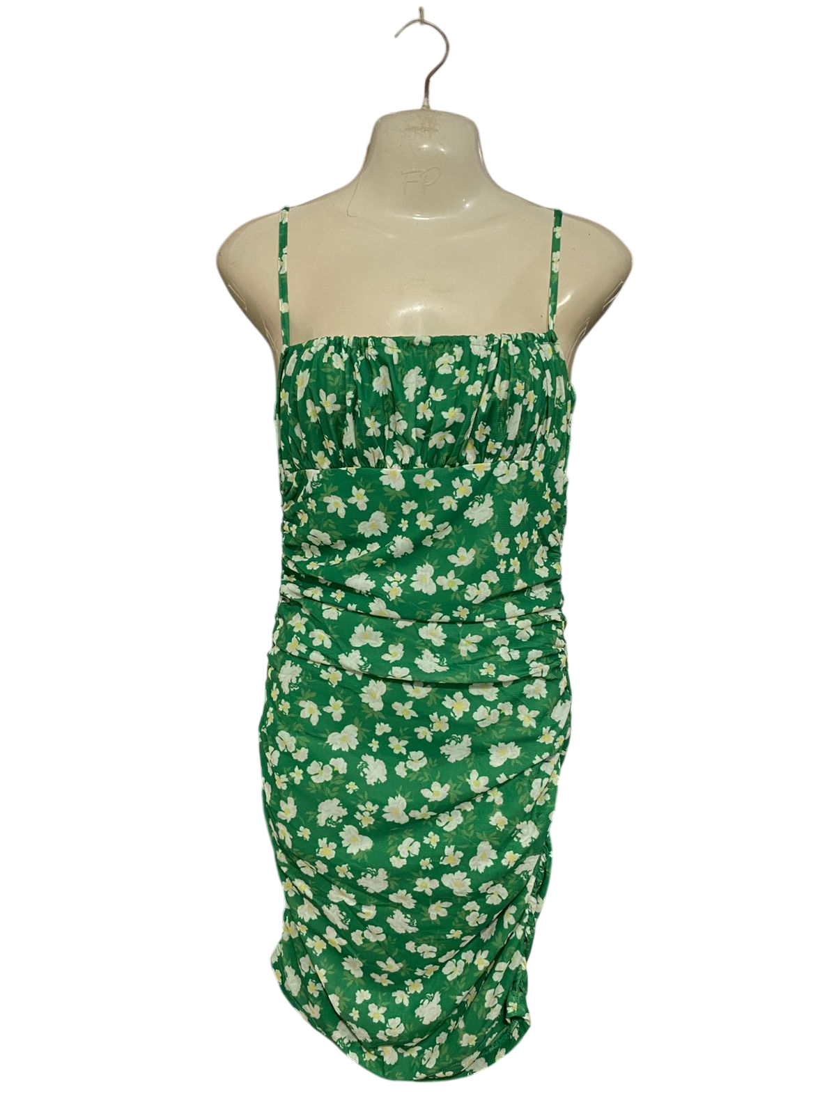 BEGINNING BOUTIQUE |M| BUST 15| A31| GREEN FLORAL RUCHED BODYCON SLIP DRESS