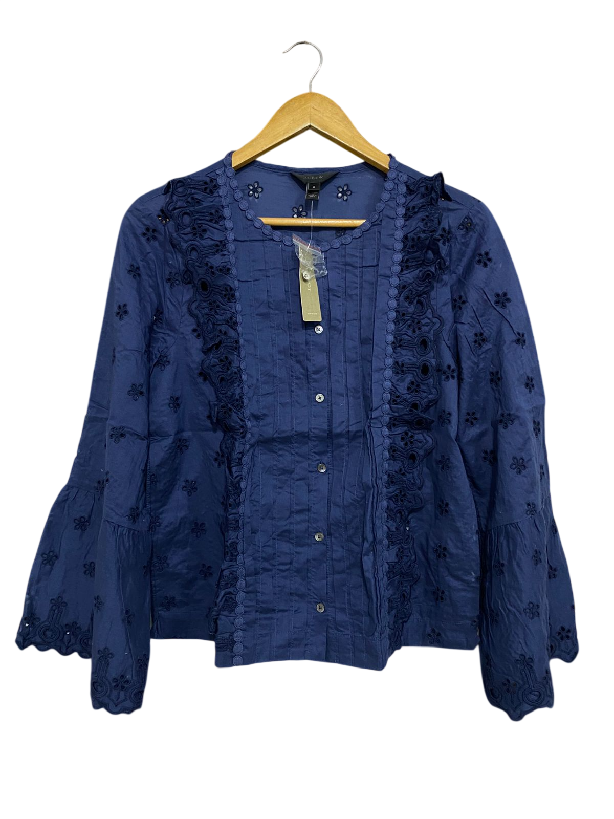 J CREW |S| BUST 20| A31| BLUE EYELET EMBROIDERY RUFFLE-TRIM BLOUSE
