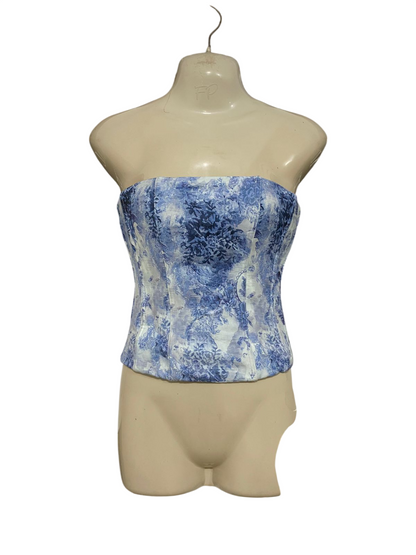 WHITE FOX |XS| BUST 14| A31| BLUE & WHITE TOILE FLORAL STRAPLESS CORSET TOP