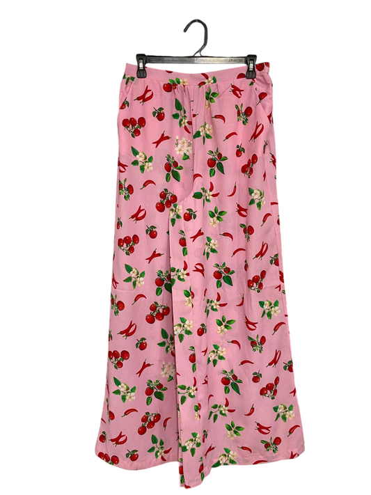 NO COMMENT |L| WAIST 28| A31| PINK CHERRY & CHILI PEPPER PRINT WIDE-LEG TROUSERS
