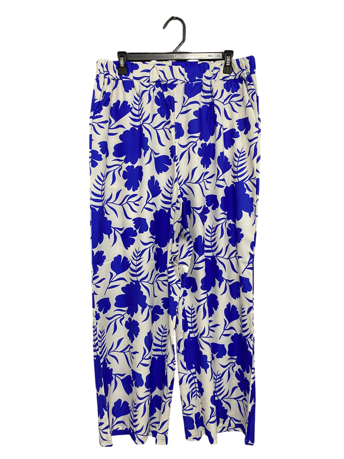 |XL| WAIST 32| A31| BLUE & WHITE FLORAL BOTANICAL PRINT WIDE-LEG TROUSERS