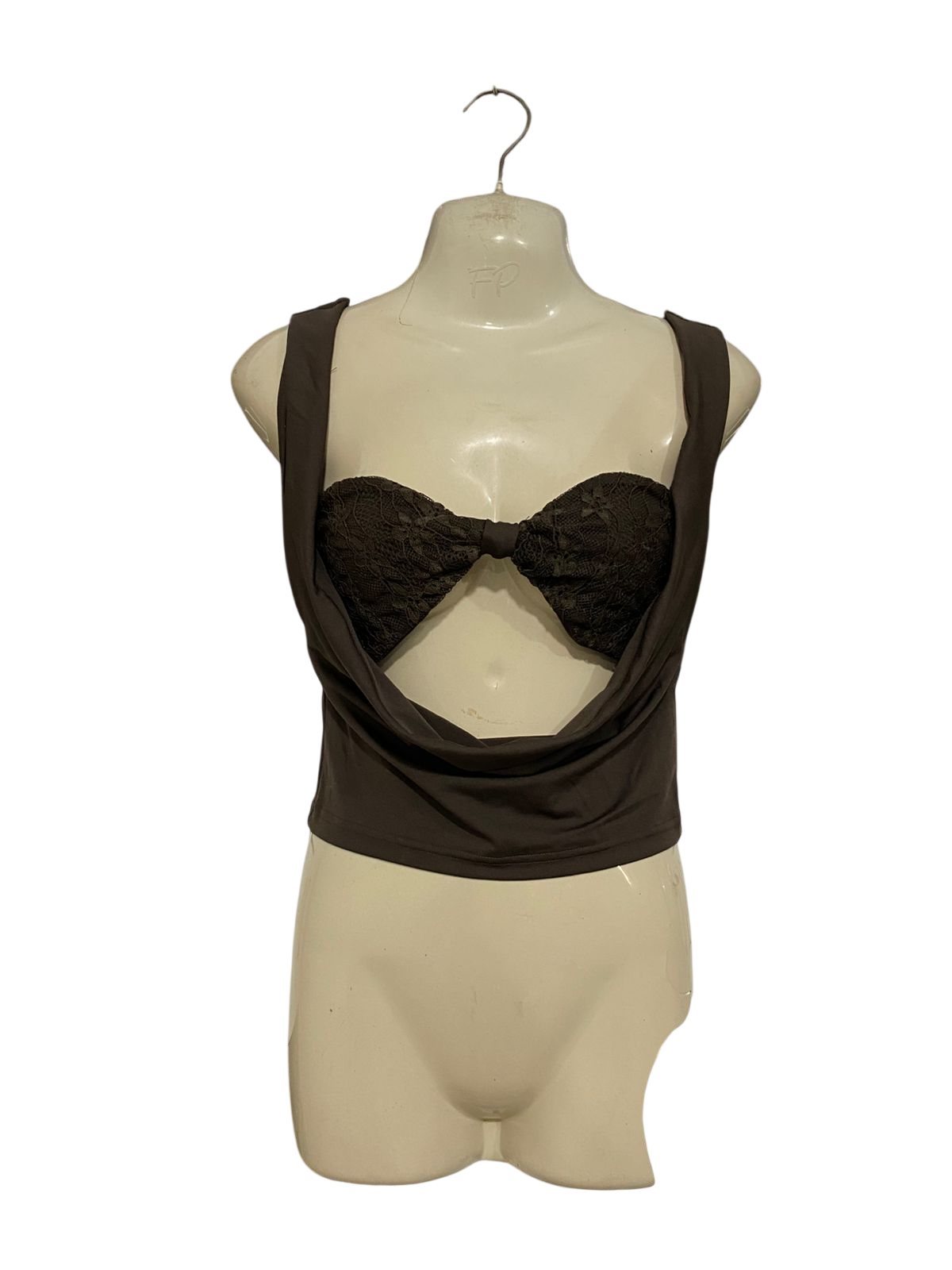 SHEIN |S| BUST 15| A31| BROWN LACE-DETAIL COWL-NECK CROP TOP