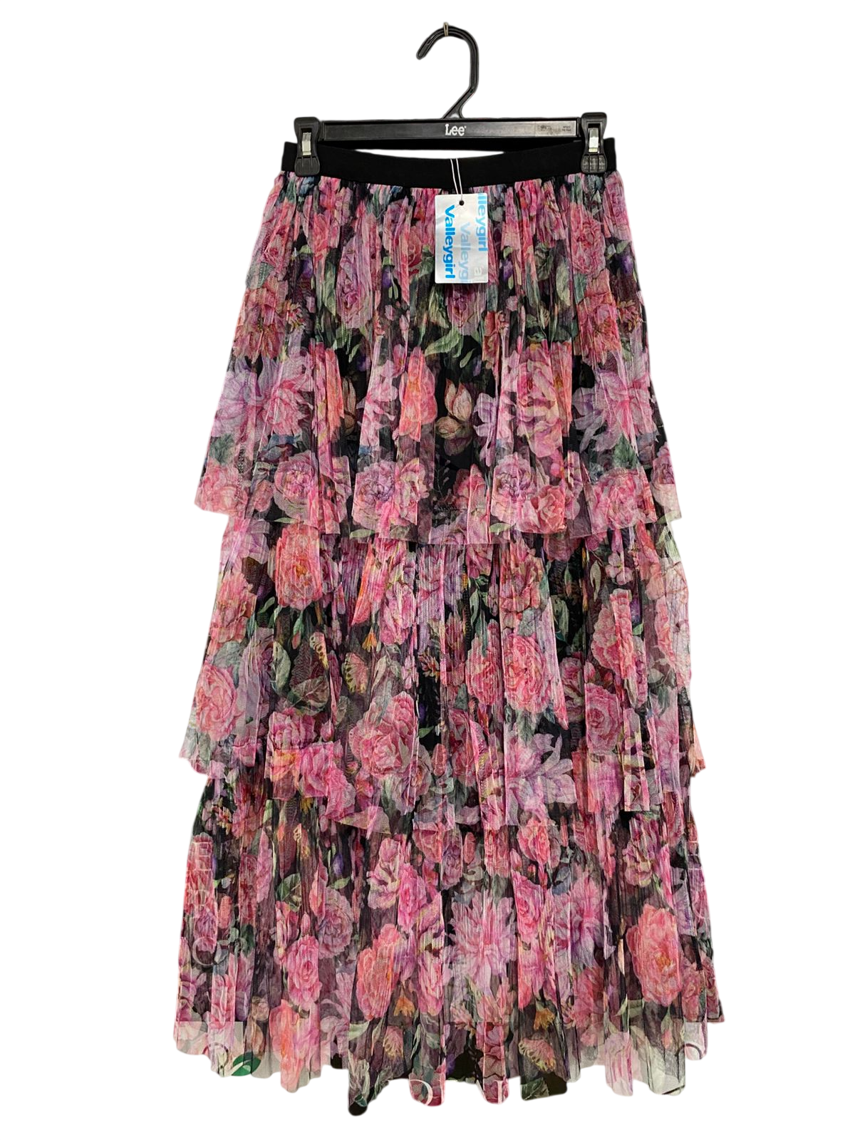 VALLEY GIRL |S| WAIST 24| A31| PINK FLORAL TIERED MESH MIDI SKIRT