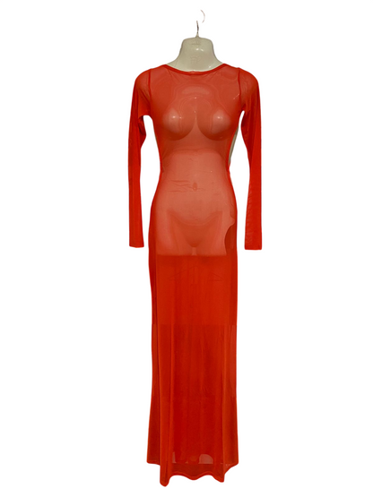 JADED LONDON |S| BUST 14| A31| ORANGE SHEER MESH LONG-SLEEVE MIDI DRESS