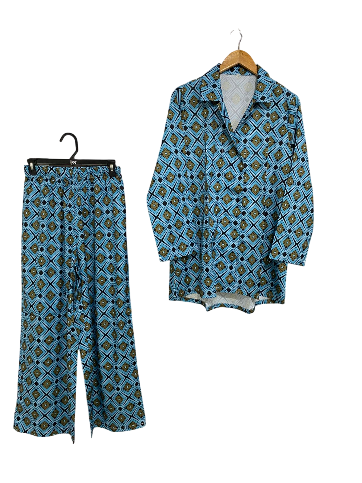 |L| A32| BLUE GEOMETRIC DIAMOND PRINT LONG-SLEEVE SHIRT & PANTS CO-ORD SET