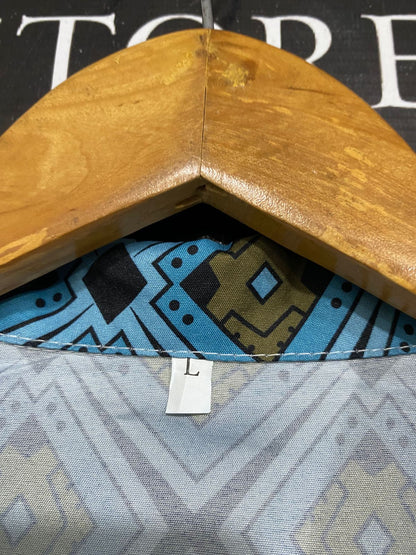 |L| A32| BLUE GEOMETRIC DIAMOND PRINT LONG-SLEEVE SHIRT & PANTS CO-ORD SET