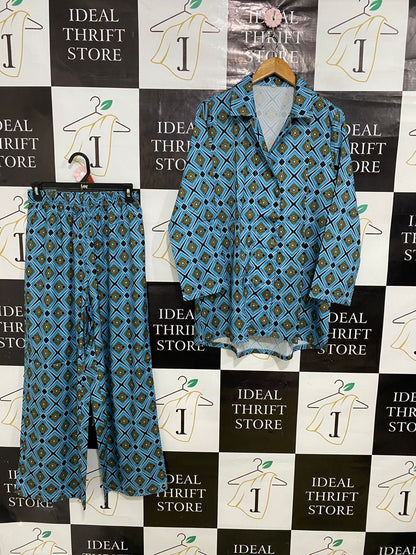 |L| A32| BLUE GEOMETRIC DIAMOND PRINT LONG-SLEEVE SHIRT & PANTS CO-ORD SET