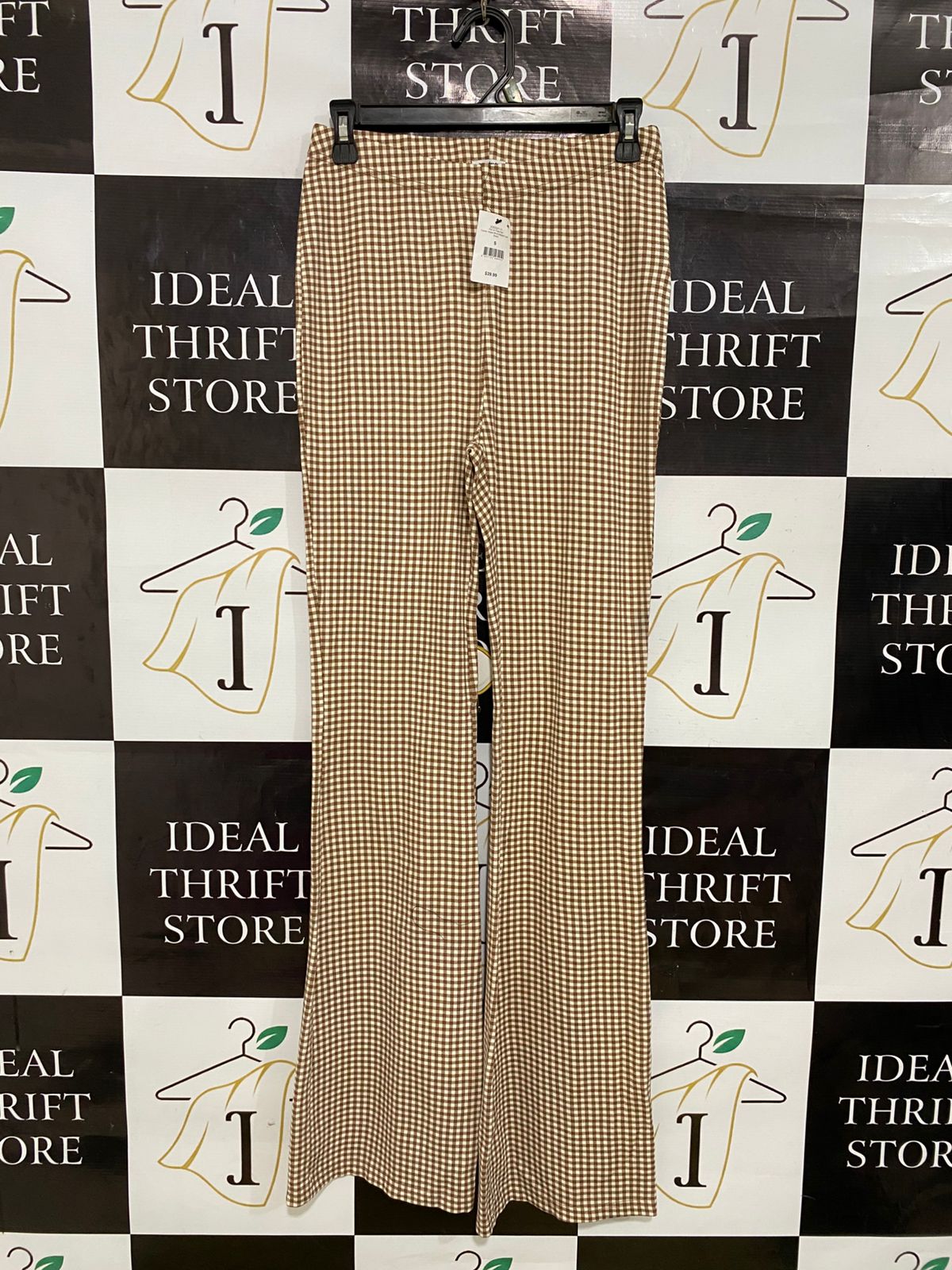 COTTON ON |S| WAIST 26| A32| BROWN & WHITE GINGHAM CHECK FLARE TROUSERS